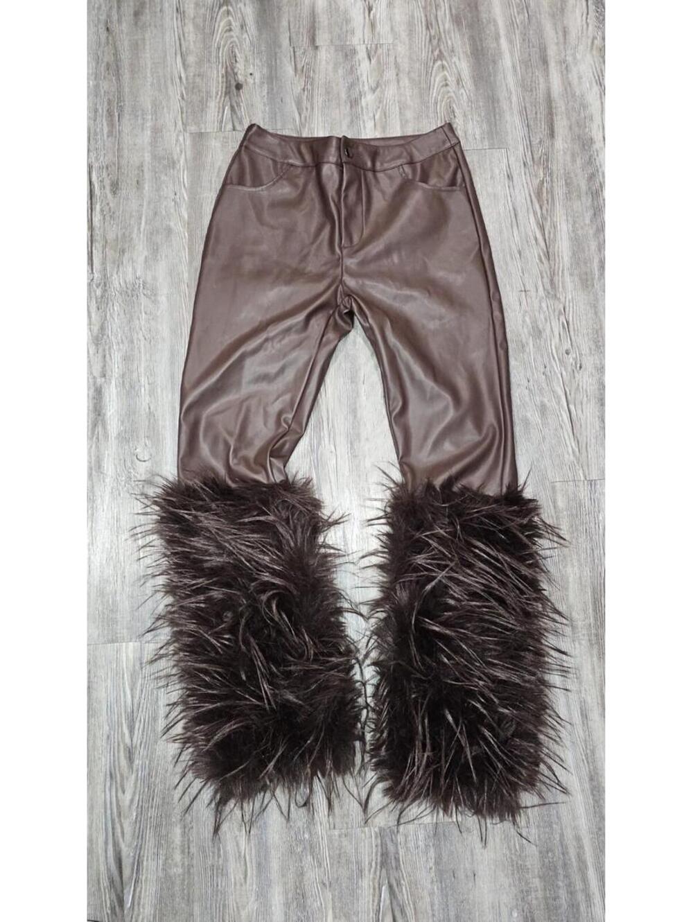 SPOON Brown Faux Leather Pants Size M Fur Trim Bottom Y2K Style